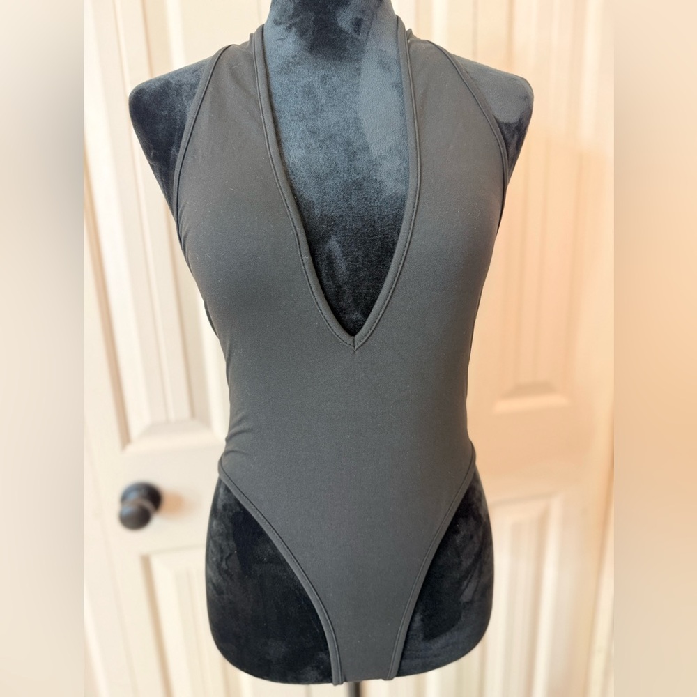 Deep V-Neck Black Bodysuit